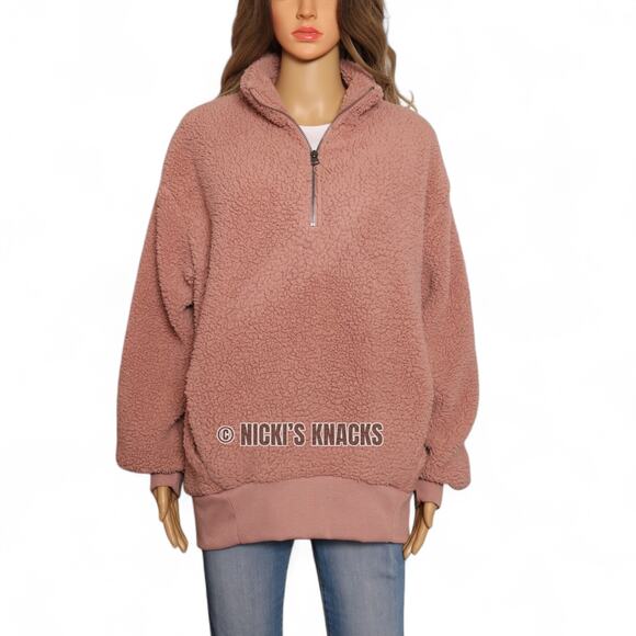 American Eagle Mauve Pink Sherpa Half Zip Pullover Teddy Jacket Sweatshirt M - Picture 2 of 10